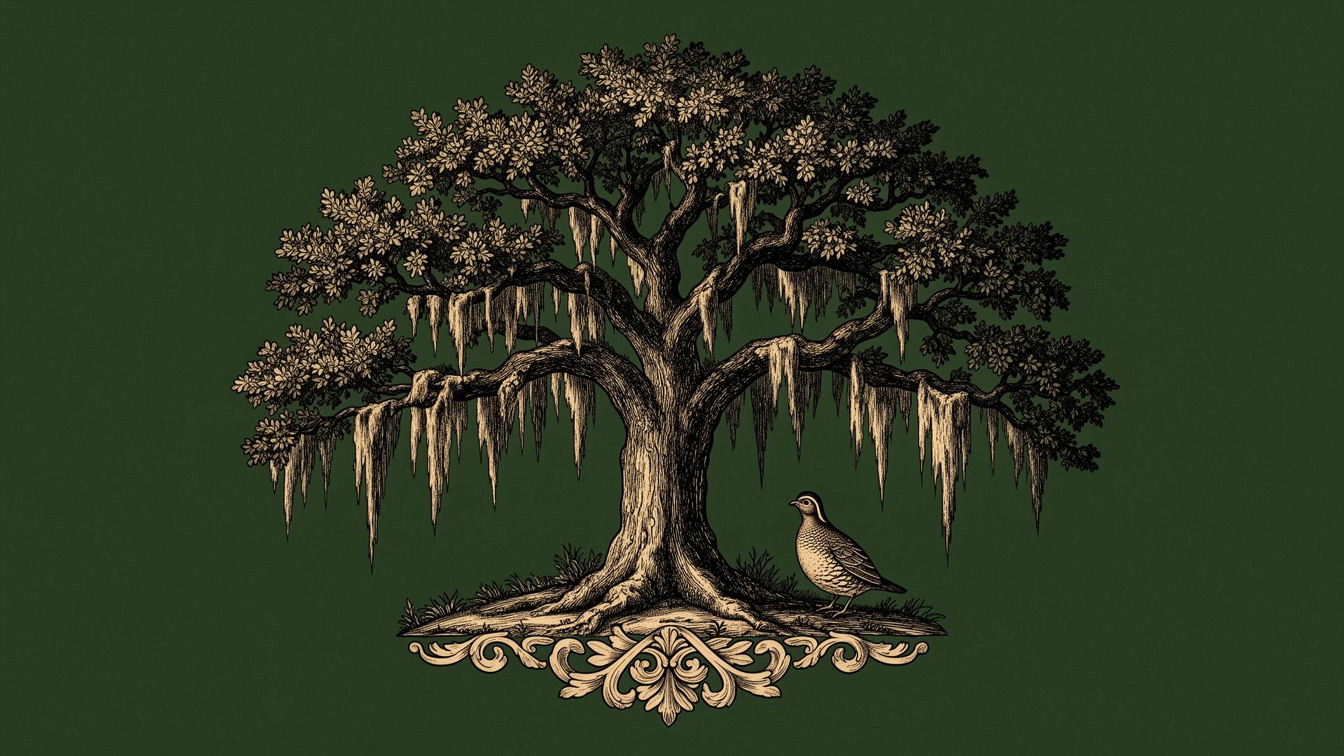 Engraved illustration of a Southern live oak with Spanish moss and a quail