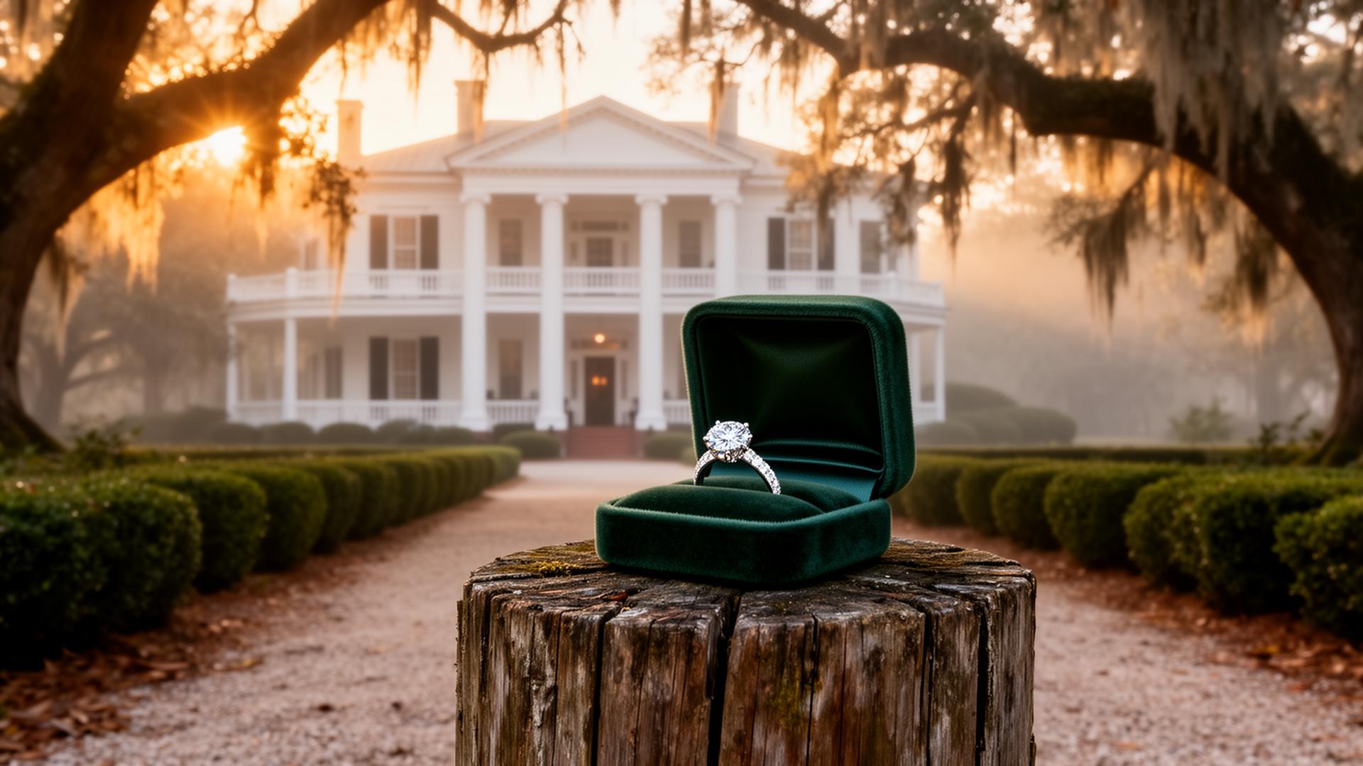A dark green velvet ring box on a wooden post, with a Southern plantation house and live oaks at golden hour