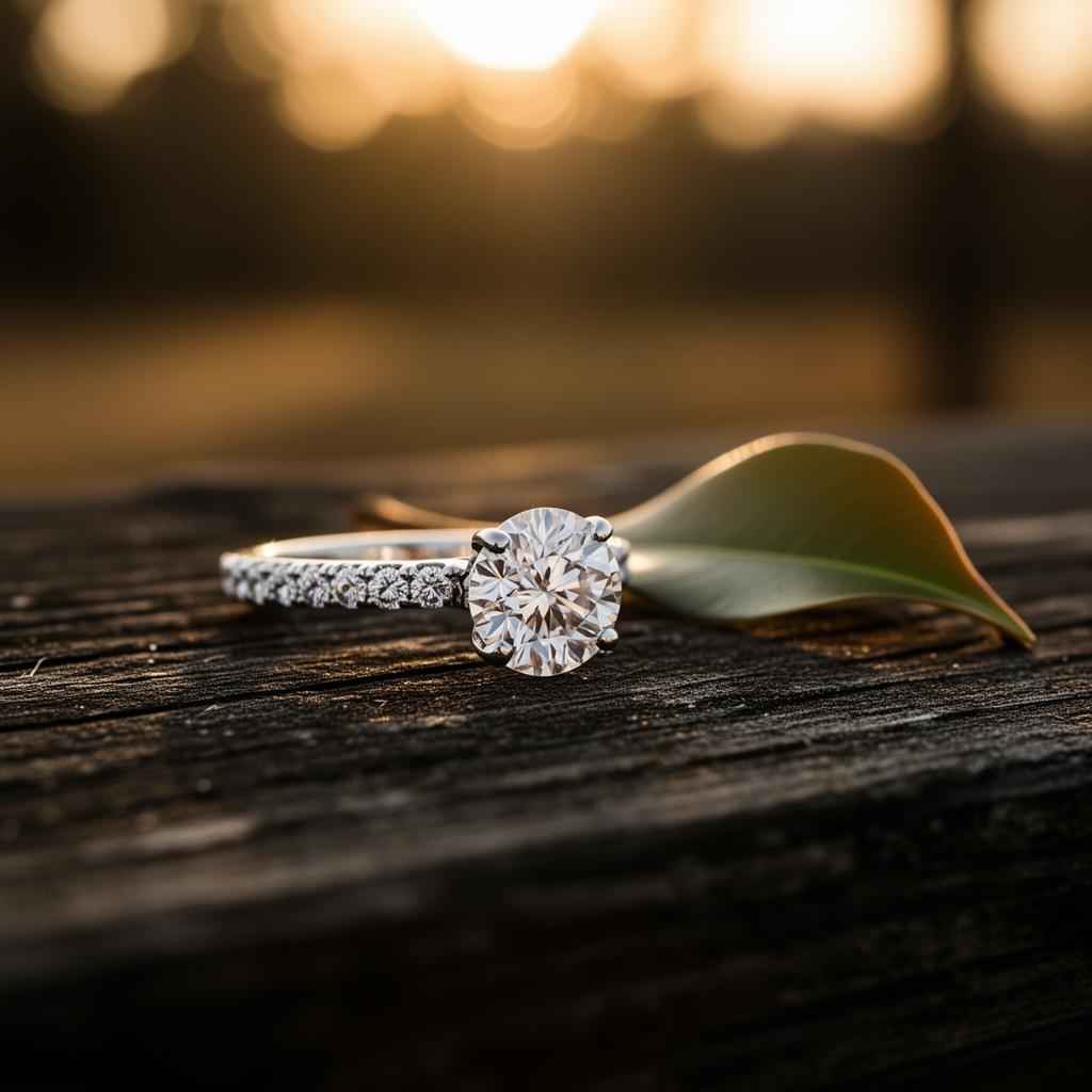 Solitaire diamond engagement ring resting on weathered wood with a magnolia leaf